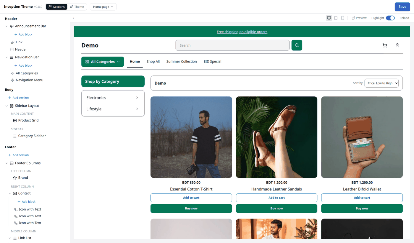 The theme editor's home page view, with the structure panel on the left listing Header, Body
and Footer sections, a live preview of the storefront in the middle, and the toolbar showing
Sections, Theme, the page switcher, and Save.