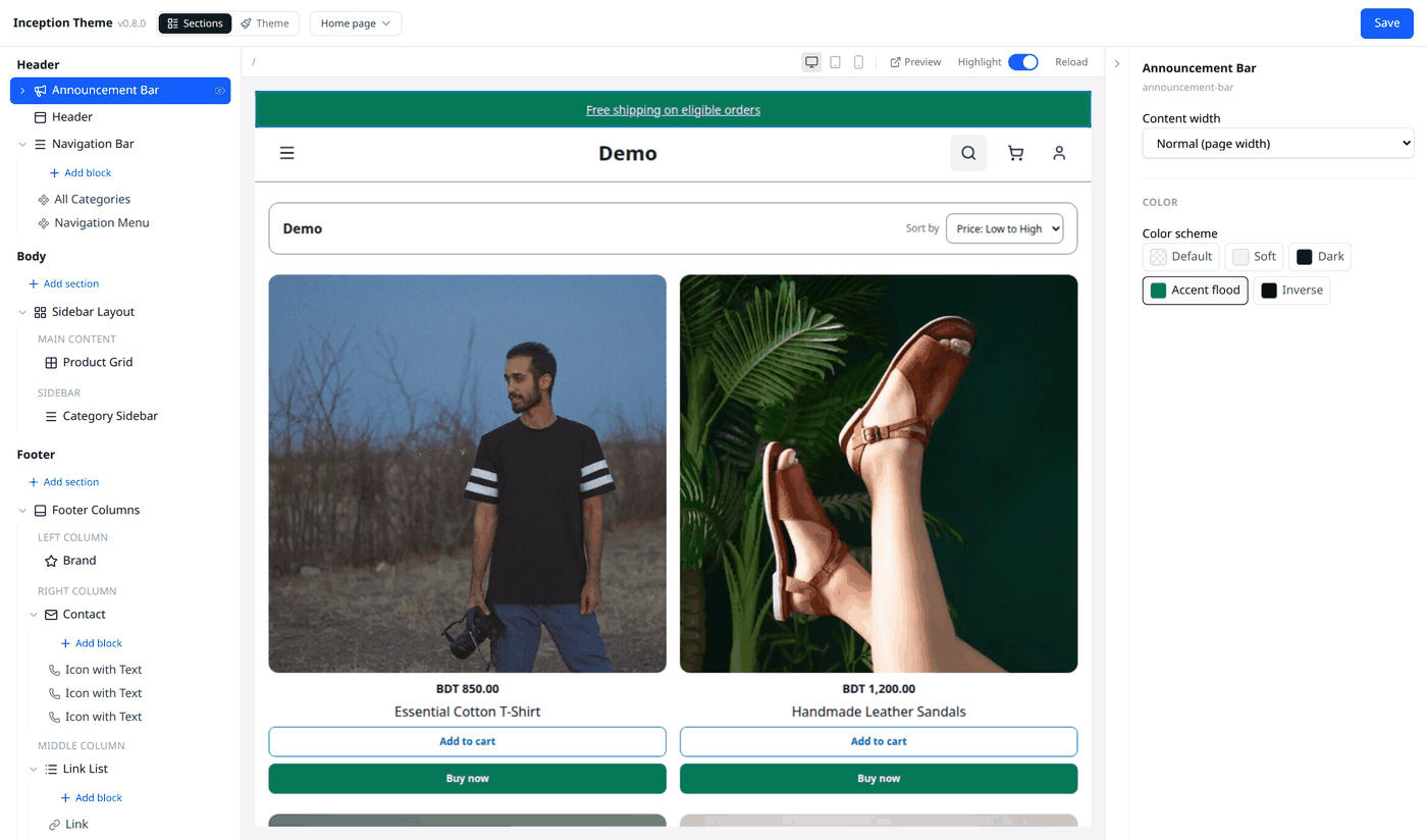 The Announcement Bar section selected, with its settings panel open on the right showing a
Content width field and a Color scheme picker with Default, Soft, Dark, Accent flood, and
Inverse options.