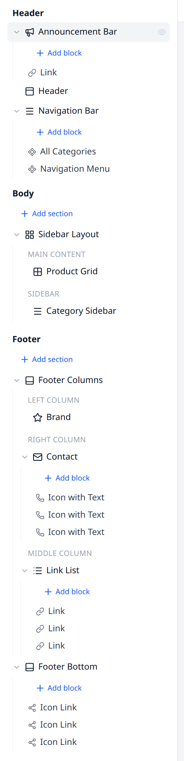 The left panel listing every section and block on the home page, including a Sidebar Layout
section with Main content and Sidebar areas, and a Footer Columns section with Left, Right and
Middle column areas.