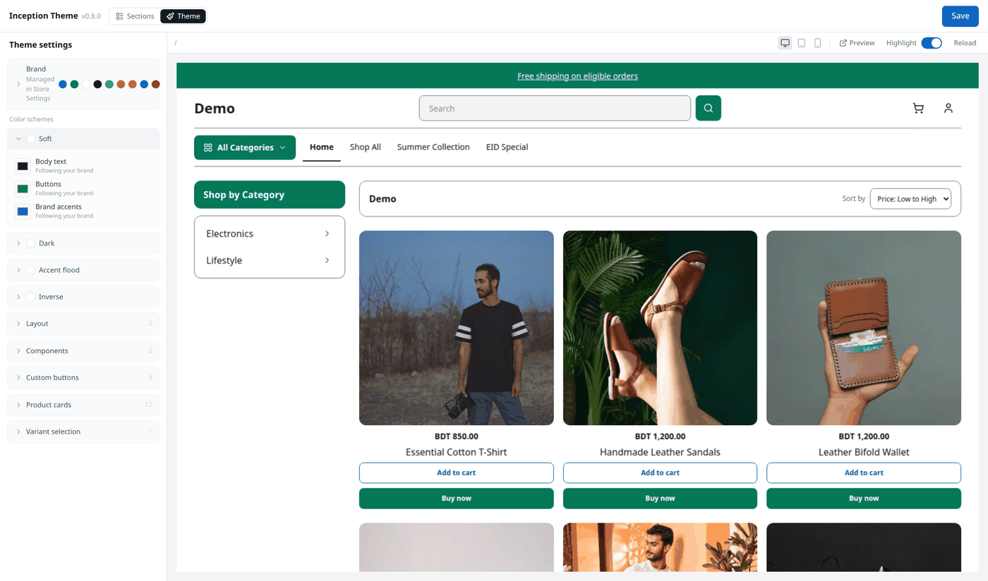 The Theme settings panel, with Brand shown as managed in Store Settings, the Soft color
scheme expanded showing Body text, Buttons and Brand accents all following the brand, and
further groups for Layout, Components, Custom buttons, Product cards and Variant
selection.