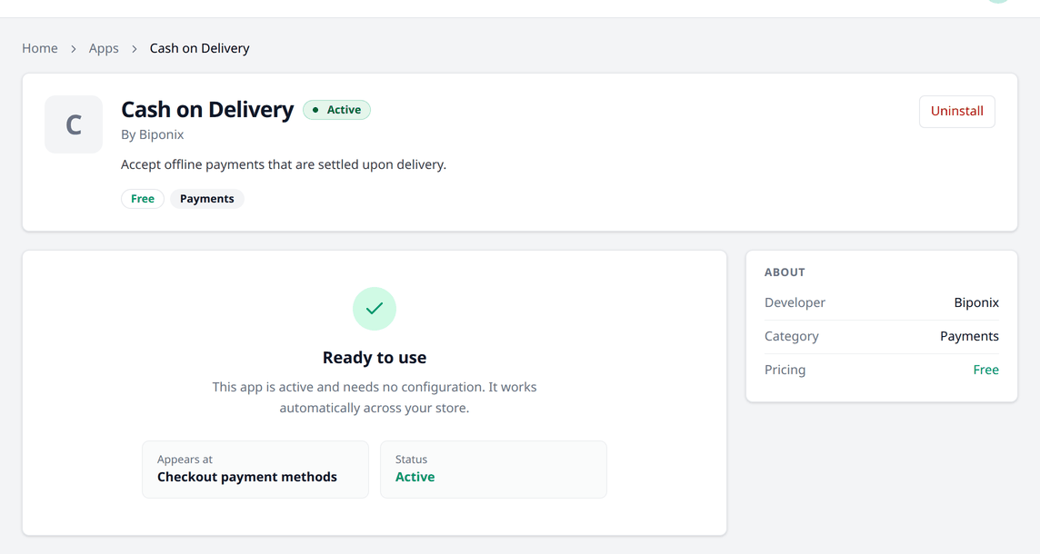 The Cash on Delivery app page, marked Active, with a Ready to use card saying the app needs
no configuration and works automatically across your
store.