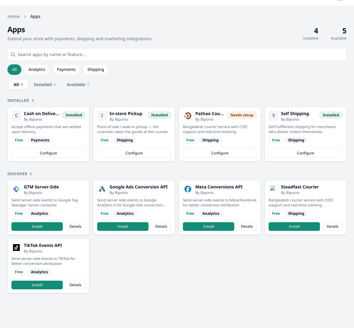 The Apps screen, with a search box, category buttons for All, Analytics, Payments and
Shipping, and two groups below — Installed with four apps, and Discover with
five.