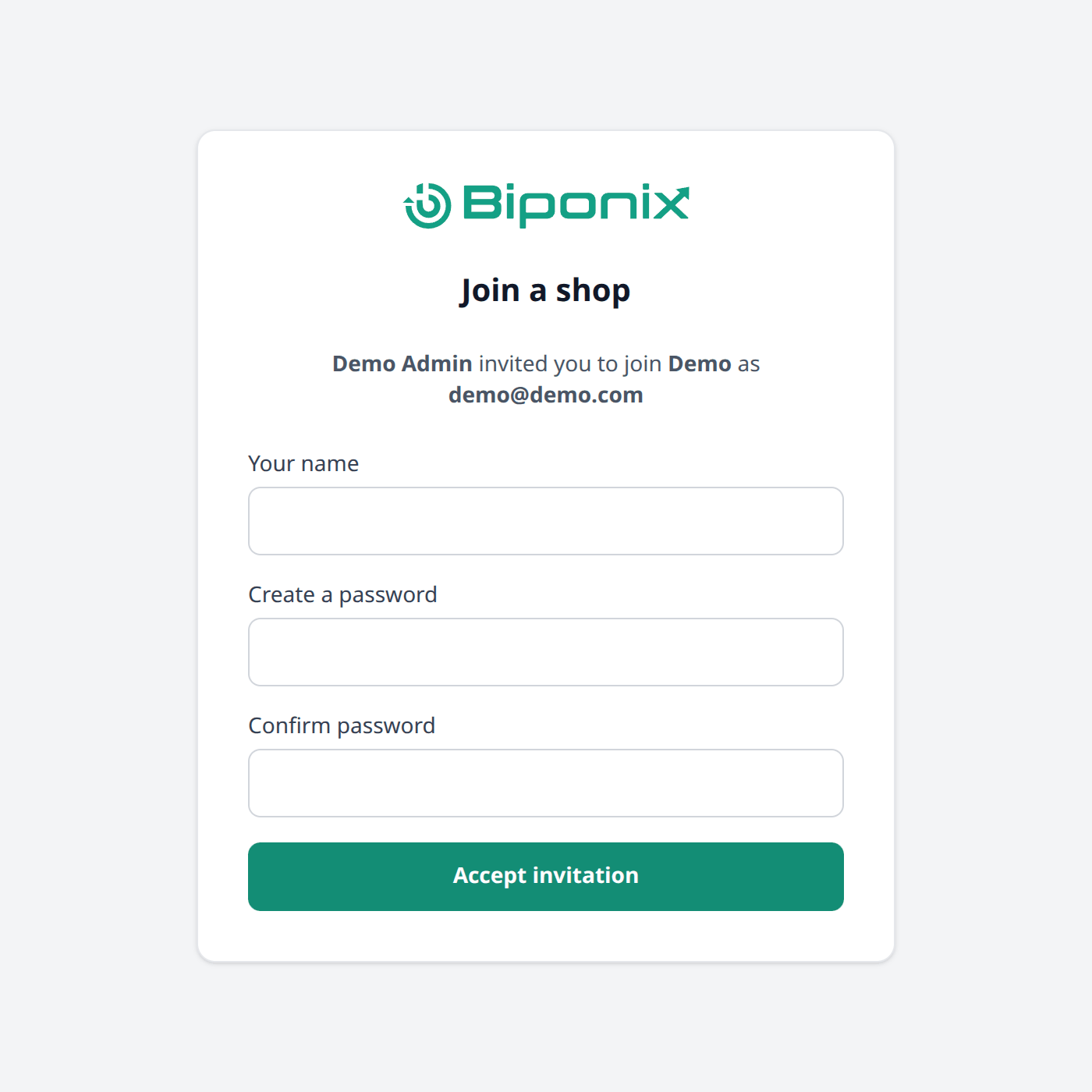The "Join a shop" page, showing who invited you, with fields for your name and a new
password, and an "Accept invitation"
button.