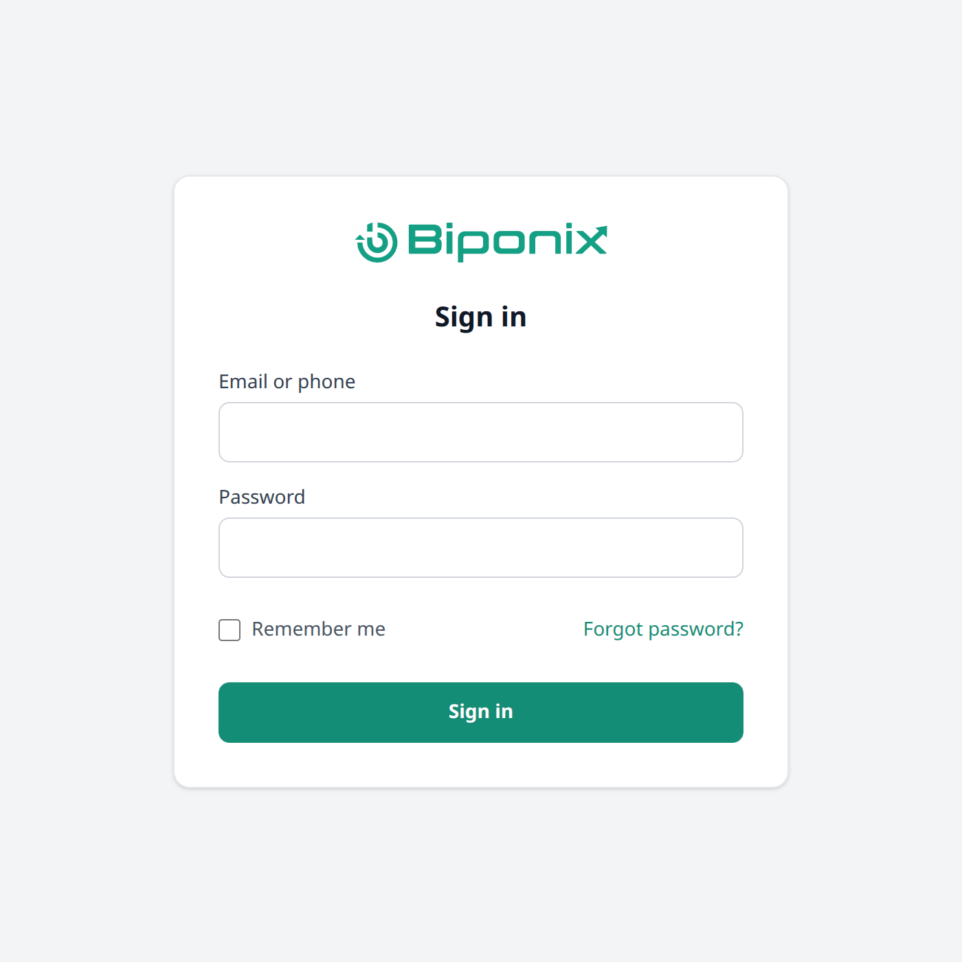The Biponix sign-in screen, with a field for your email or phone, a password field, a
"Remember me" box and a "Forgot password?" link.