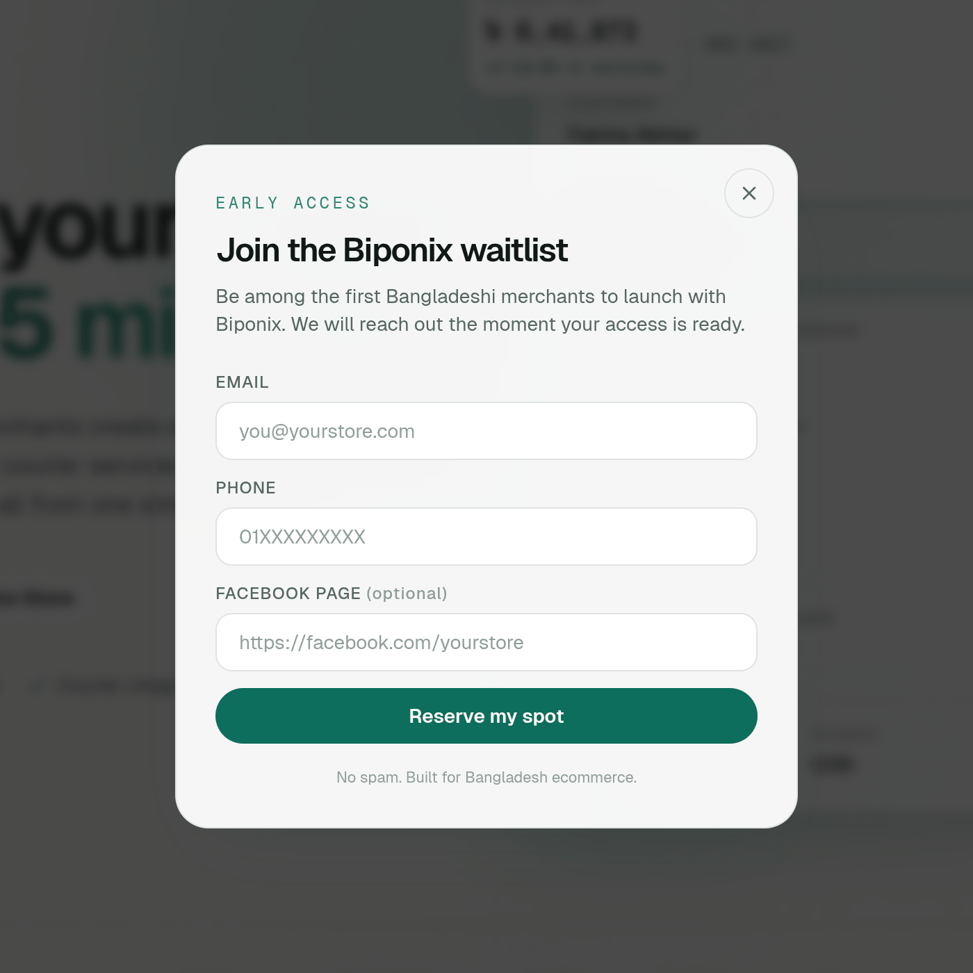 The Biponix waitlist form, asking for your email, phone number and an optional Facebook
page link, with a "Reserve my spot"
button.