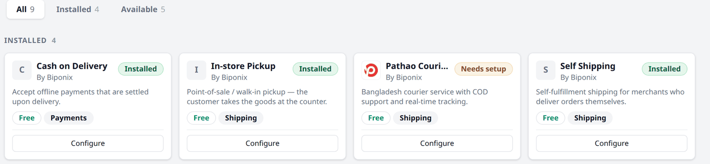 The installed Apps, showing Cash on Delivery, In-store Pickup, Pathao Courier and Self
Shipping, each with a Configure button.