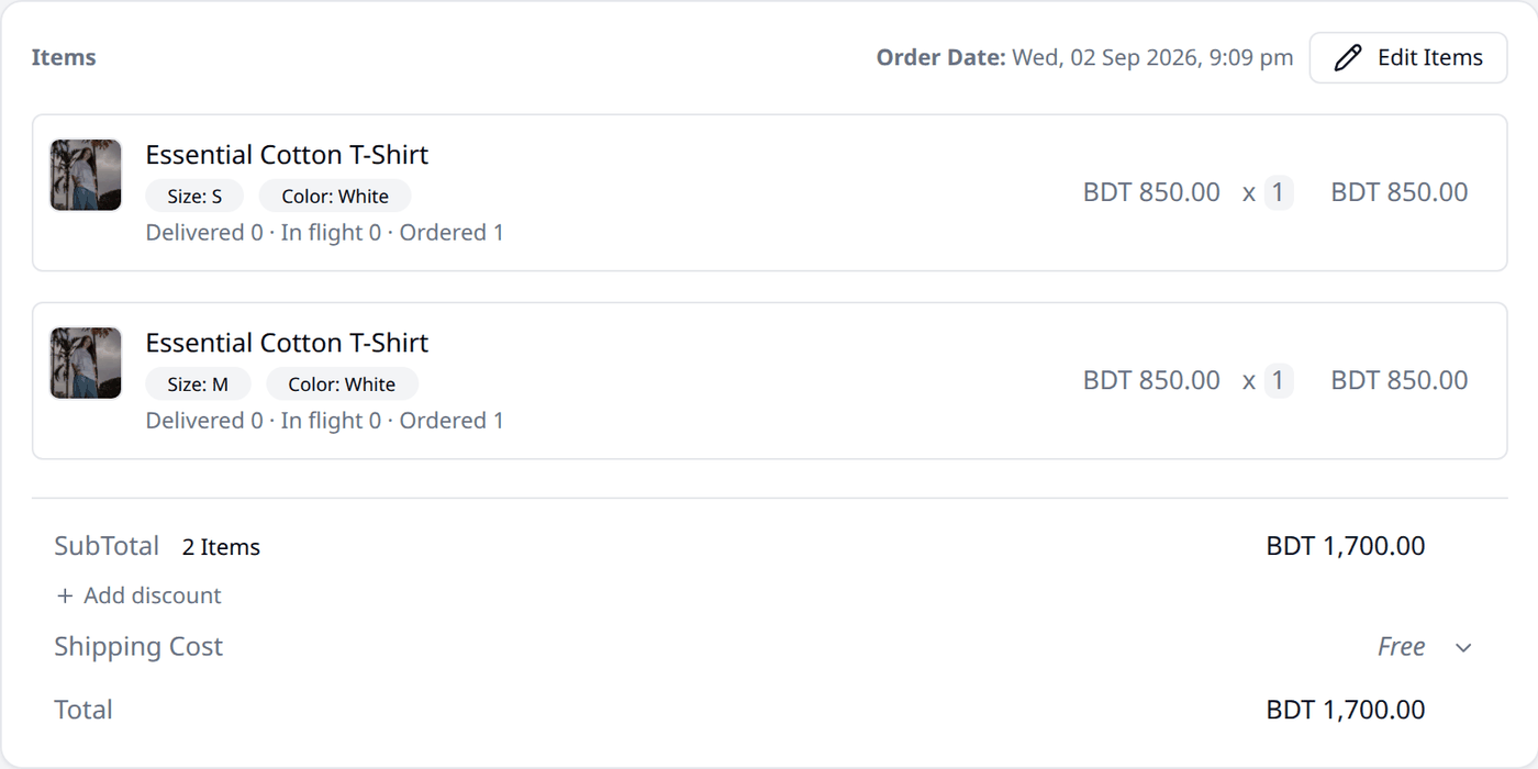 The Items card on an order, listing two Essential Cotton T-Shirt lines with their size,
color, delivery progress and price, followed by the SubTotal, Add discount, Shipping Cost and
Total rows.