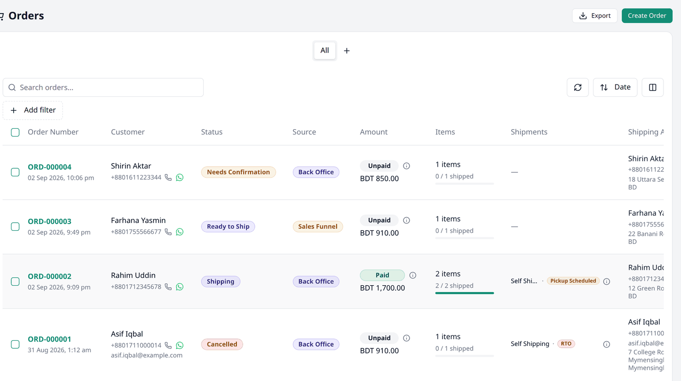 The Orders list, showing four orders in different statuses — Needs Confirmation, Ready to
Ship, Shipping and Cancelled — with their Customer, Source, Amount, Items, Shipments and
Shipping Address columns.