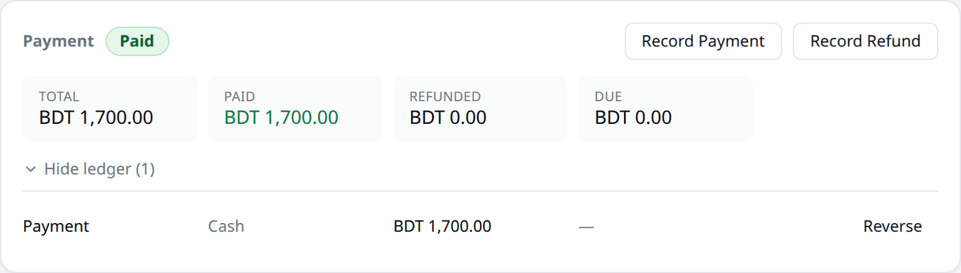 The Payment panel on a paid order, with the ledger open showing a single Cash payment of BDT
1,700.00 and its Reverse link.