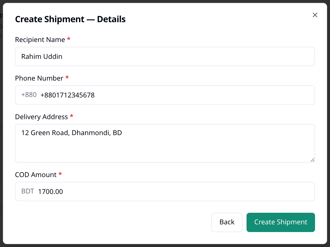 Step 3 of Create Shipment, Details, with the Recipient Name, Phone Number, Delivery
Address and COD Amount fields filled in.