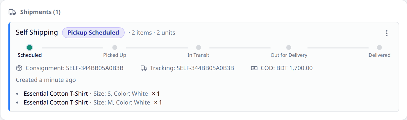 A shipment on the Shipments panel, showing Self Shipping, its Pickup Scheduled label, the
five-stage progress bar from Scheduled to Delivered, its consignment and tracking numbers, COD
amount, and the items it carries.
