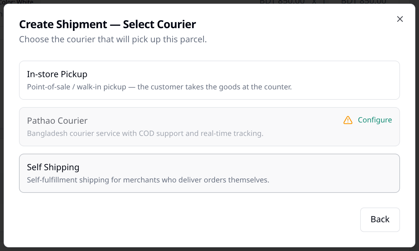 Step 2 of Create Shipment, Select Courier, showing In-store Pickup and Self Shipping
ready to choose, and Pathao Courier greyed out with a Configure
link.
