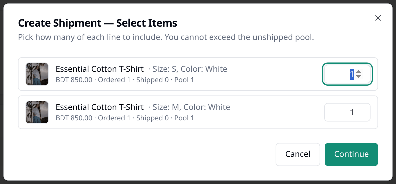Step 1 of Create Shipment, Select Items, showing the two order lines each with a box to
type how many to send.