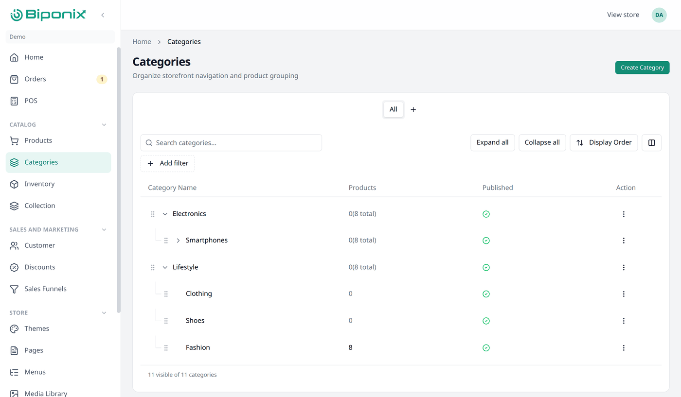 The Categories screen. Electronics has Smartphones nested under it, and Lifestyle has
Clothing, Shoes and Fashion nested under it. Above the list are a search box, Add filter,
Expand all and Collapse all.
