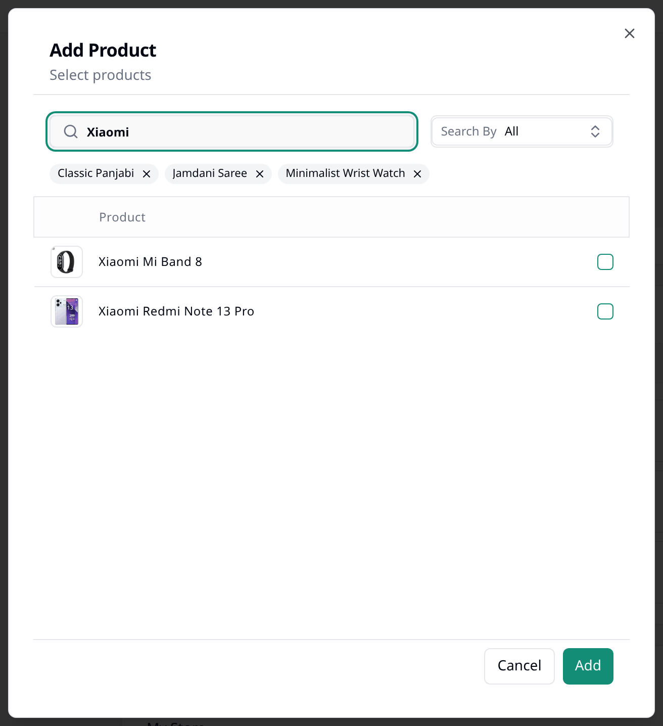 The Add Product window, with a search box, a Search By setting, the products already chosen
shown as small tags, and a list of matching products with tick
boxes.