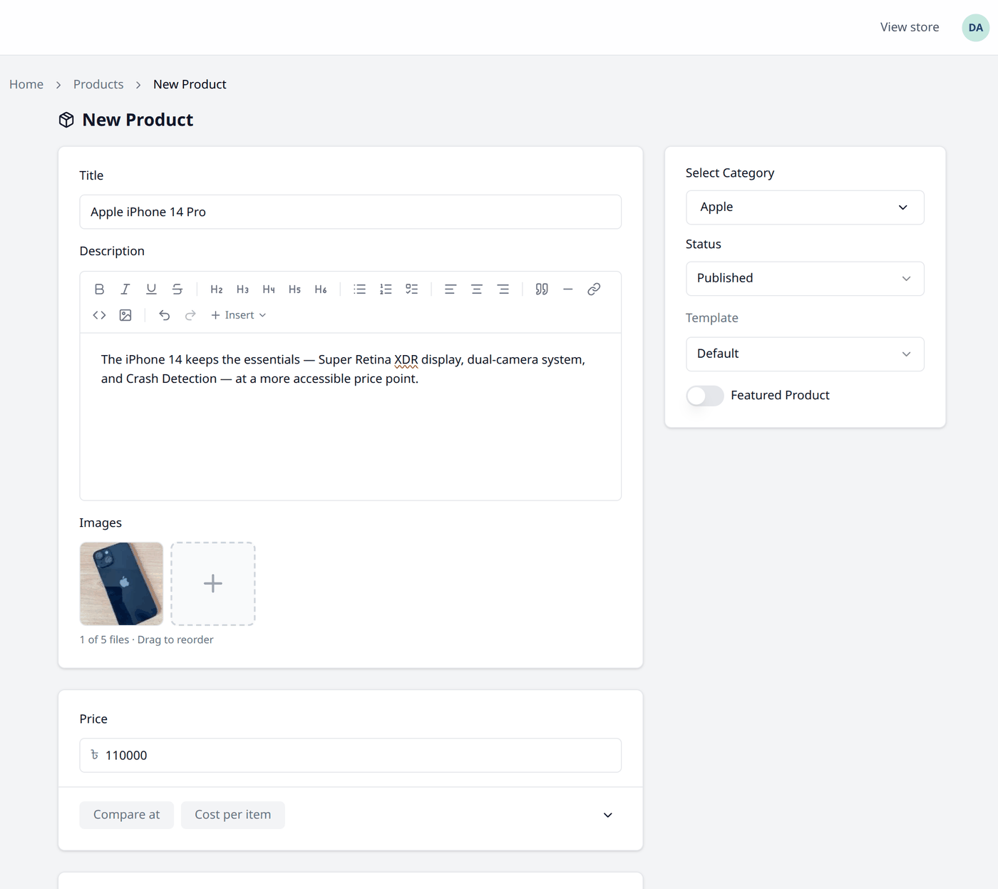The top of the New Product form. Title reads Apple iPhone 14 Pro, with a Description box
below it, one picture under Images marked 1 of 5 files, and a Price of 110000. The closed
Compare at and Cost per item buttons sit under the price. On the right are Select Category,
Status set to Published, and Template.