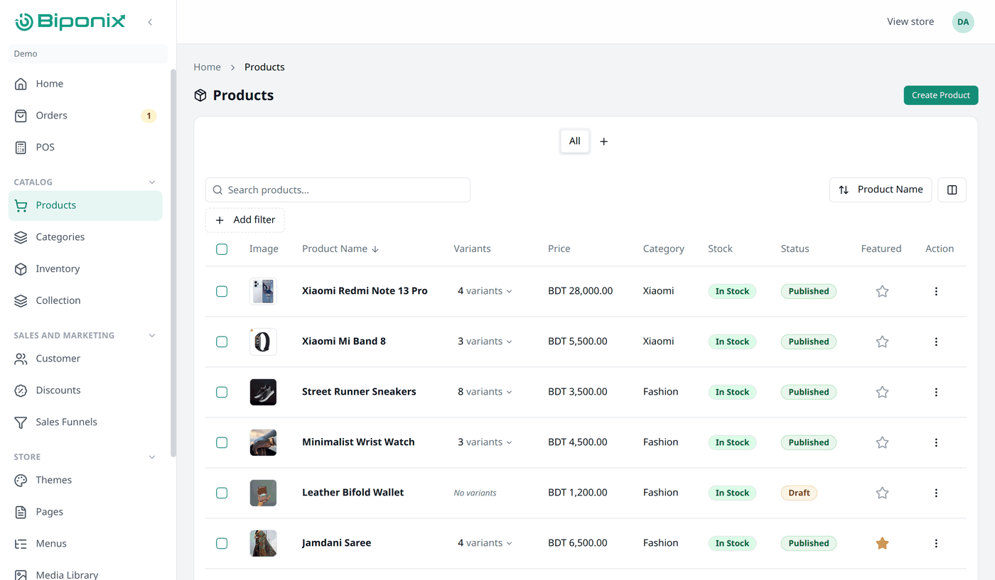 The Products screen listing six products. Each row shows the picture, name, number of
variants, price, category, stock, status and whether it is featured. Most are Published and
one is a Draft.