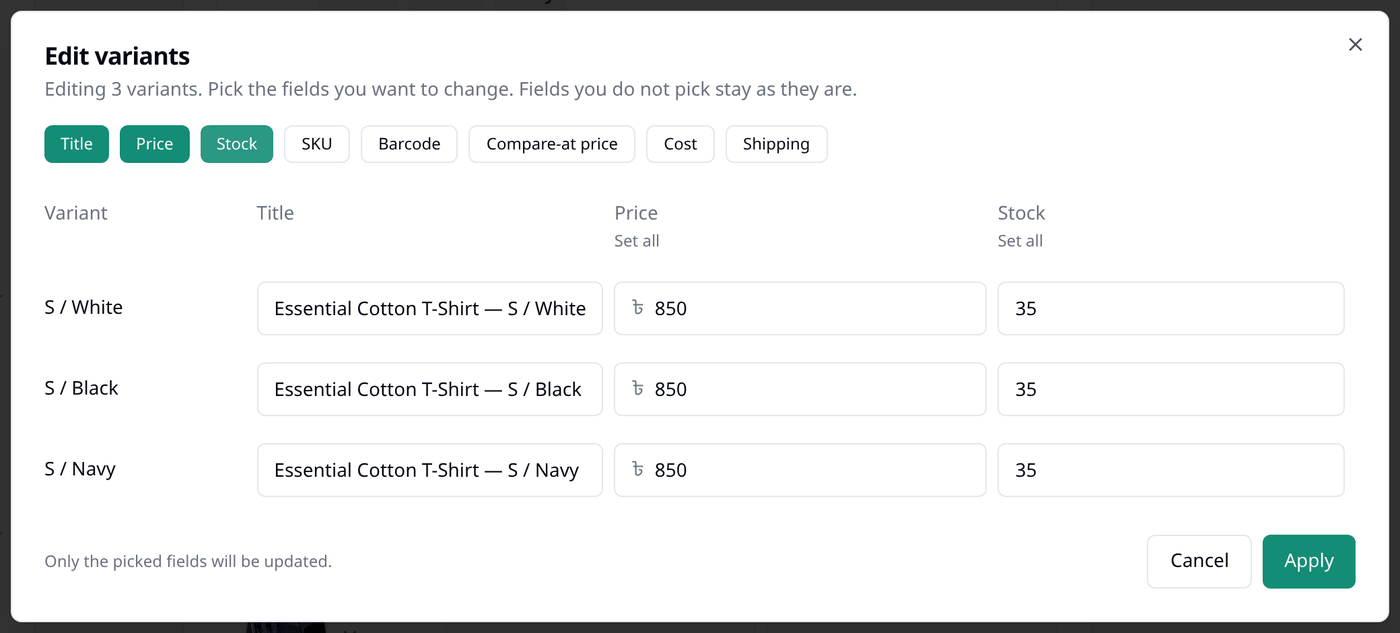 The same window with Title, Price and Stock picked, showing a column for each and a Set all
link above Price and Stock.