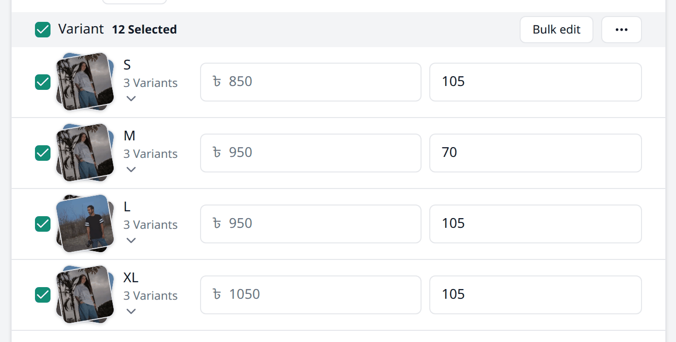 The variant grid with every row ticked, showing "12 Selected" and a Bulk edit
button.