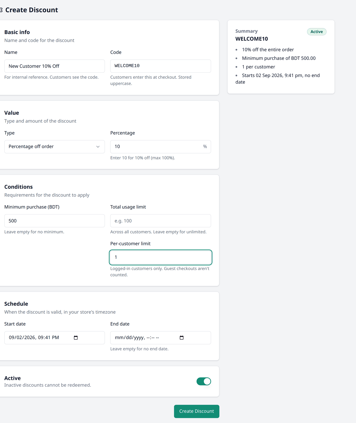 The Create Discount form, with the Basic info, Value, Conditions and Schedule sections
filled in, and a live Summary card on the right showing what the discount will
do.