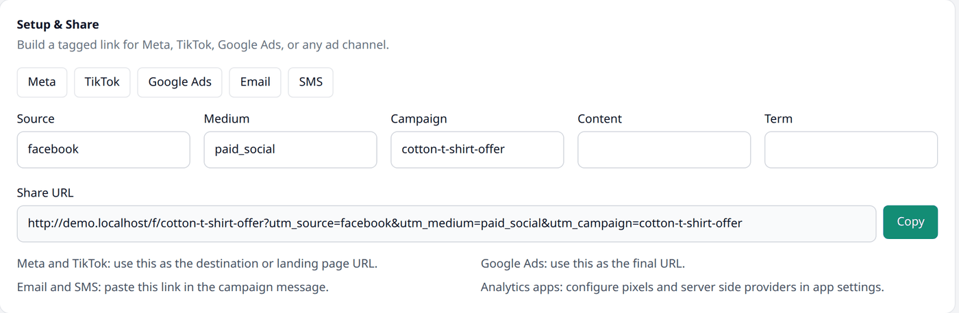 The Setup & Share section, with channel buttons for Meta, TikTok, Google Ads, Email and SMS
above the Source, Medium and Campaign fields and the generated Share
URL.