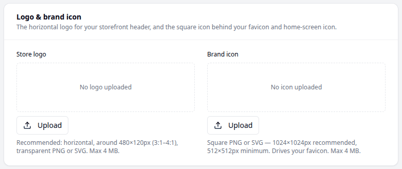 The Logo & brand icon card, with an empty Store logo box and an empty Brand icon box, each
with an Upload button and a note giving the recommended size and file
types.