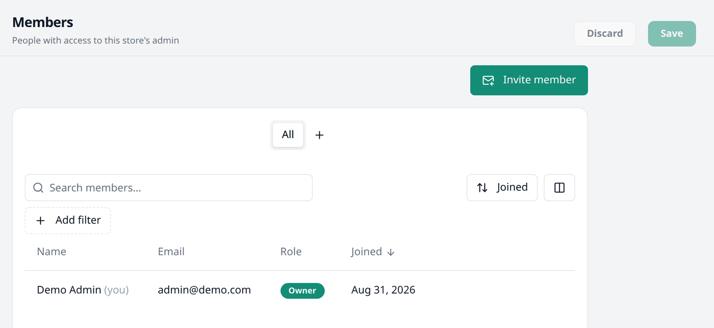 The Members screen, listing Demo Admin marked (you), with email admin@demo.com, role Owner,
joined Aug 31, 2026, and an Invite member button above the
list.