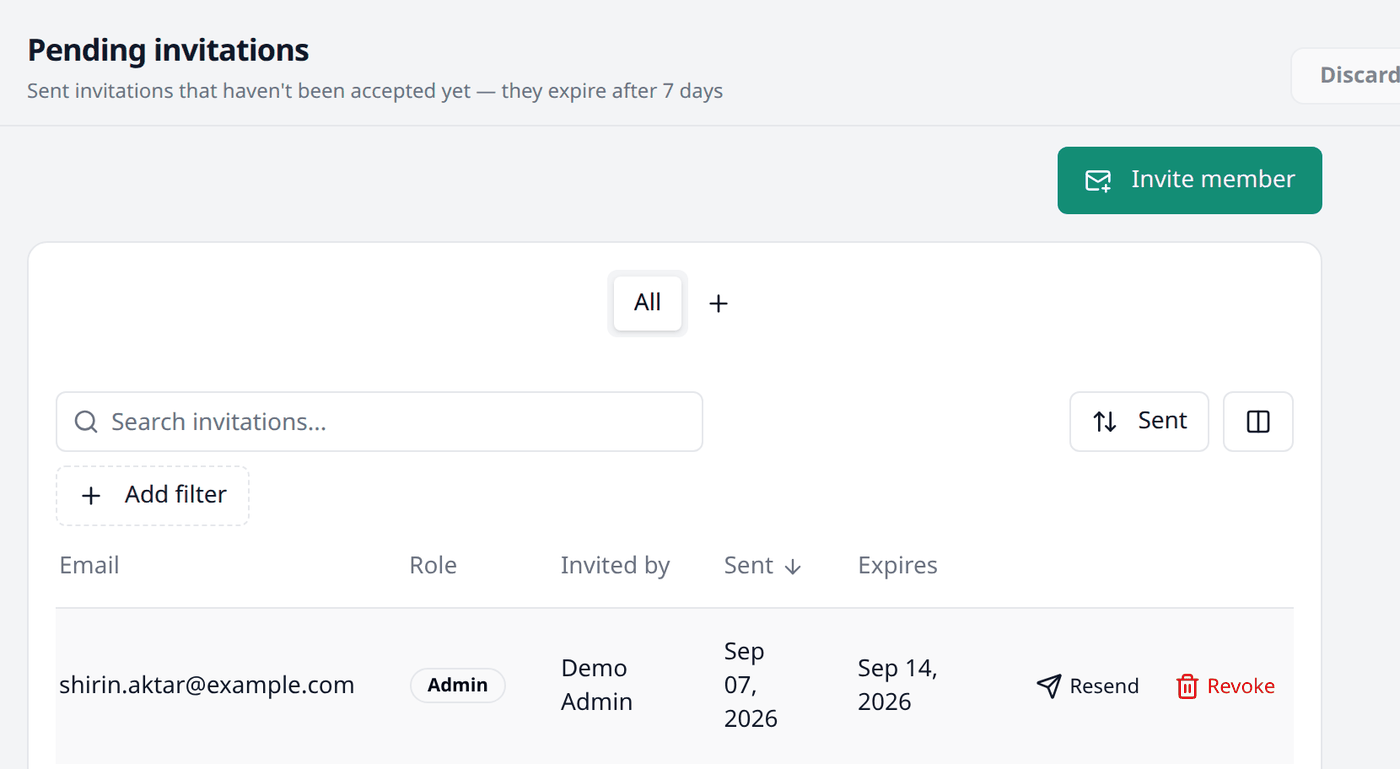 The Pending invitations screen, listing one invitation with its email, role, who sent it,
when it was sent, when it expires, and Resend and Revoke
buttons.