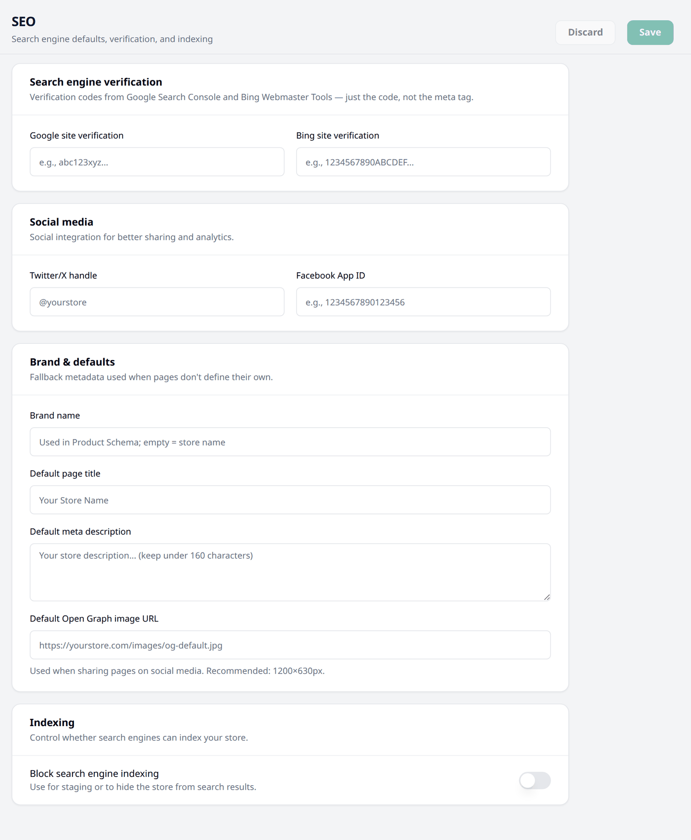The SEO screen, with Search engine verification, Social media, Brand & defaults and
Indexing cards, all fields empty.