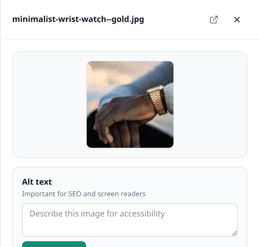 A file opened for editing, showing a preview of the picture above its Alt text
field.