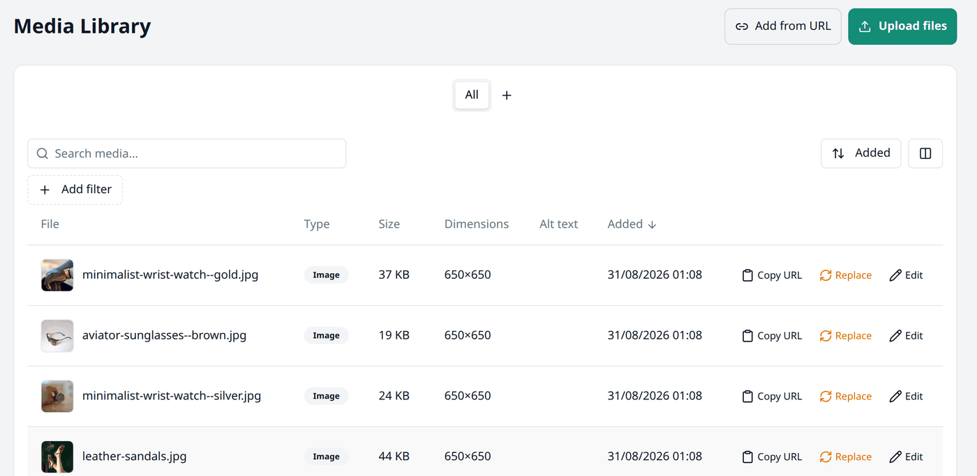 The Media Library list, showing several product pictures with their file names, Image type,
file size and dimensions.