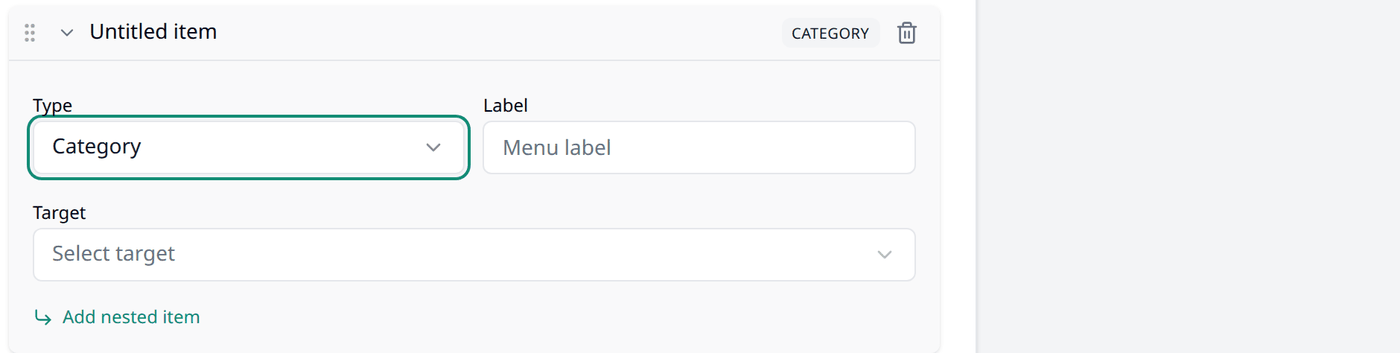 A menu item open for editing, with its Type set to Category, its Label field, and a Target
field to pick the category.