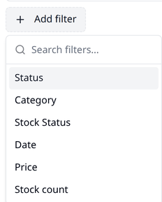 The Add filter menu open, listing Status, Category, Stock Status, Date, Price and Stock
count.