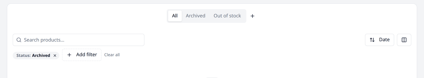A filter tag reading "Status: Archived" with a cross, beside the Add filter button and a
Clear all link.