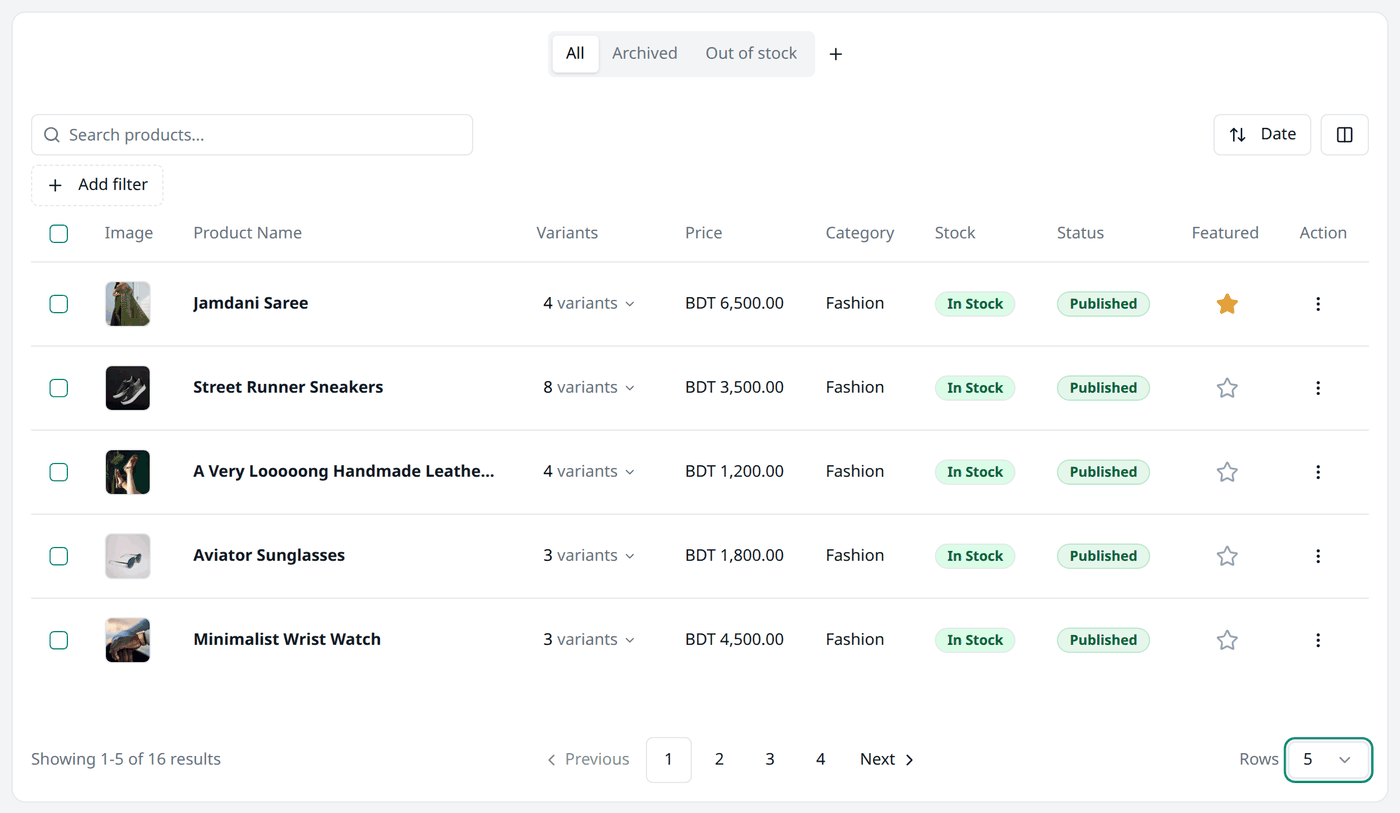 The whole product list: view tabs across the top, a search box, Add filter, a sort button
and the columns button, then the rows themselves, and at the bottom "Showing 1-5 of 16
results" with page numbers and a Rows setting.
