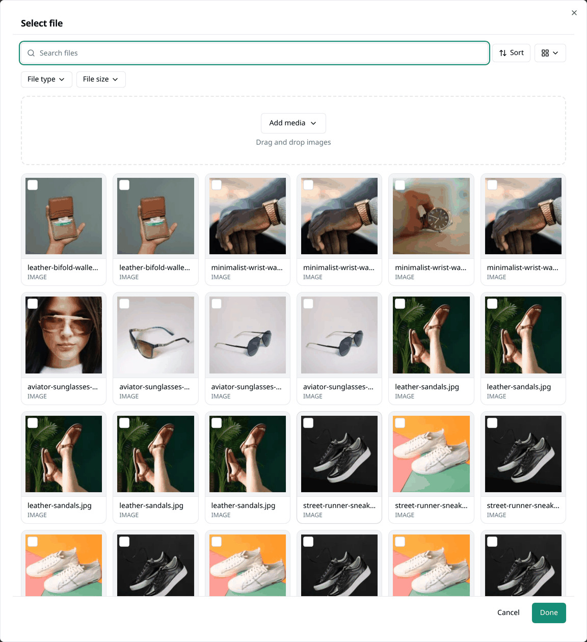 The Select file dialog, with a search box, File type and File size filters, an Add media
button, and a grid of existing pictures each with a
checkbox.
