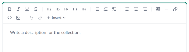The rich text editor's toolbar, showing Bold, Italic, Underline, Strikethrough,
headings, lists, alignment, quote, a horizontal rule, and link and image
buttons.