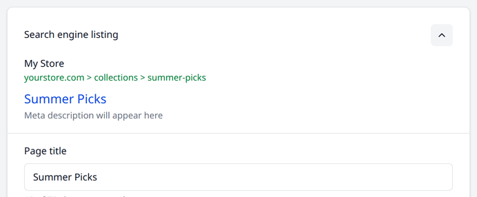 The Search engine listing card, showing a live preview above Page title and Meta
description fields.