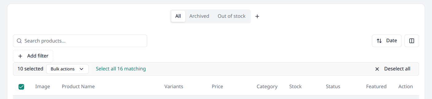 The selection bar reading "10 selected", with Bulk actions, Select all 16 matching, and
Deselect all.