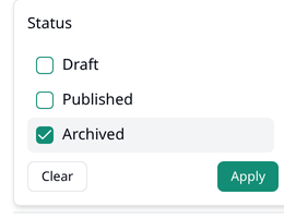 The Status filter open, with Draft, Published and Archived, and Archived
ticked.